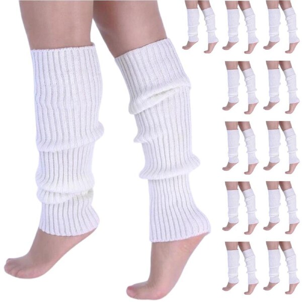 12x LEG WARMERS Knitted Womens Costume Neon Dance Party Knit 80s BULK - White