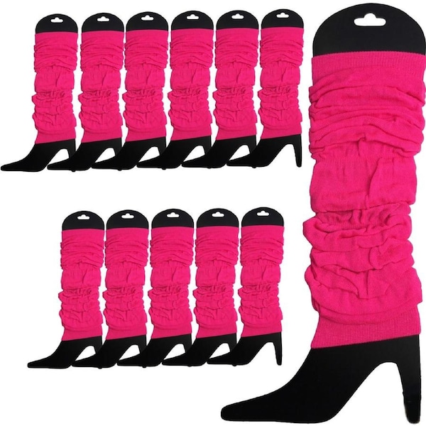 12 LEG WARMERS Knitted Womens Neon Party Knit Ankle Fluro Dance Costume 80s BULK - Fluro Hot Pink
