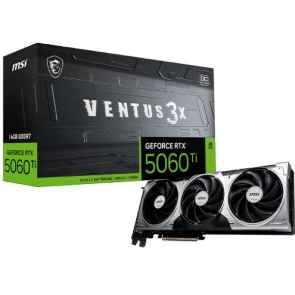 MSI nVidia GeForce RTX 5060 Ti 16G VENTUS 3X OC, PCI Express Gen 5 x 16,. Boost: 2602 MHz, CUDA 4608 Units, 16GB GDDR7, HDMI x 1