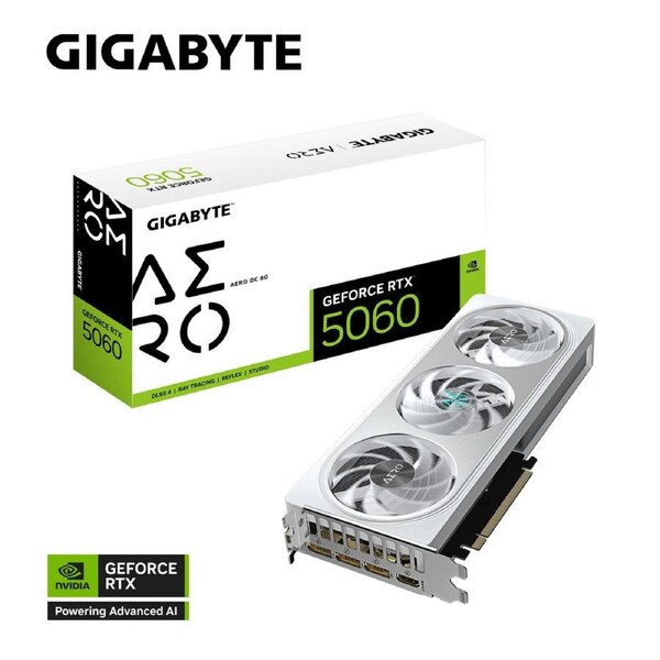 Gigabyte GeForce RTX 5060 AERO OC 8G, 2595 MHz, CUDA 3840, 28 Gbps, GDDR7, 128 bit, PCI-E 5.0, PSU 500W, DisplayPort 2.1b *3 HDMI 2.1b x1