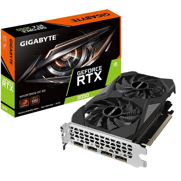 Gigabyte nVidia GeForce RTX 3050 WINDFORCE OC 6G, 1477 MHz, CUDA 2304, 14000 MHz, GDDR6, 96 bit, PCI-E 4.0, PSU 300W, DP1.4a*2 HDMI 2.1*2