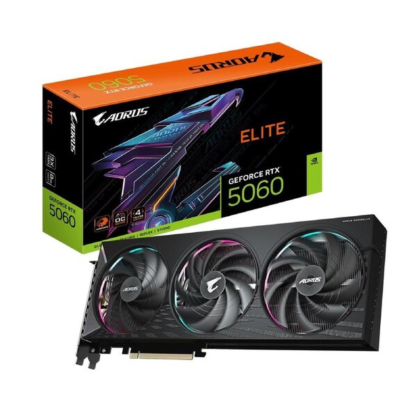 Gigabyte AORUS GeForce RTX 5060 ELITE 8G, 2722 MHz, CUDA 3840, 28 Gbps, 8 GB. GDDR7, 128 bit, PCI-E 5.0, PSU 500W, DisplayPort 2.1b *3 HDMI 2.1b x1