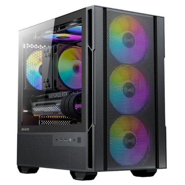 OKINO Cypres 3 ARGB Micro ATX Case, 4 120mm ARGB Non-PWM Case Fans Pre-Installed, MATX PC Case, Temper Glass Side Panel, with Type-C, Black
