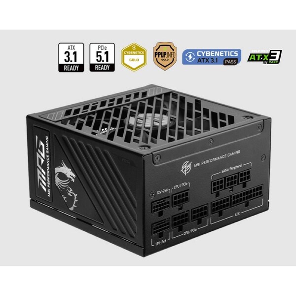 MSI MAG A1250GS PCIE5 ATX Power Supply Unit, 80 PLUS Gold, Fully modular flat