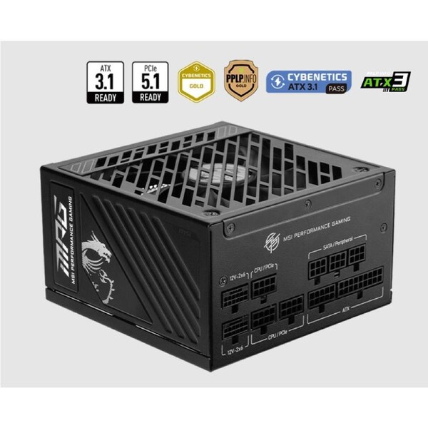 MSI MPG A1000GS PCIE5 1000W ATX Power Supply Unit, 80 PLUS Gold, Fully modular flat cables, 0 RPM Mode, Active PFC design