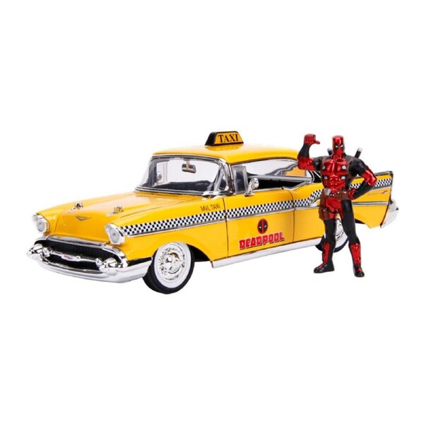 Deadpool w/ 1957 Chevy Bel Air Yellow Taxi 1:24 Scale Die-Cast Vehicle Toy
