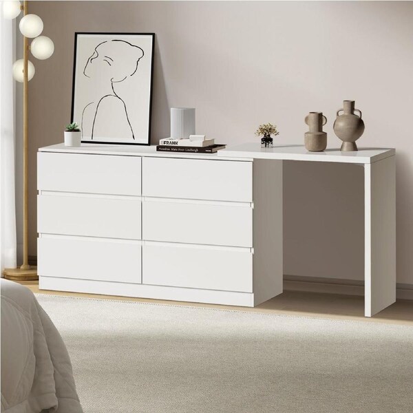 Oikiture 6 Chest of Drawers Dresser with Side Table Storage Tallboy White