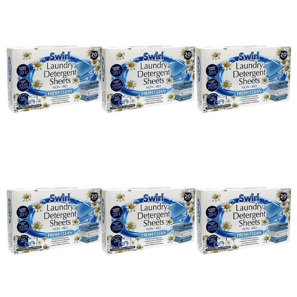 6x 20pc Swirl Laundry Detergent Cleaning Scented Washing Sheets - Fresh Clean