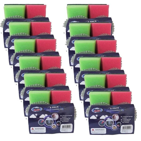 12x 6pc Aussie Clean Cleaning Set Sponge/Scouring Pad/Steel Scourers Tools