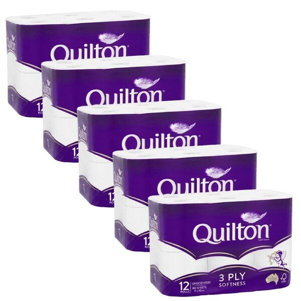 5x 12pc Quilton 3 Ply Toilet Paper Tissue Towel Pack 180 Sheets 11x10cm White