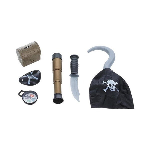 Brown Pirate Hook Knife Eyepatch Telescope Chest and Compass Set