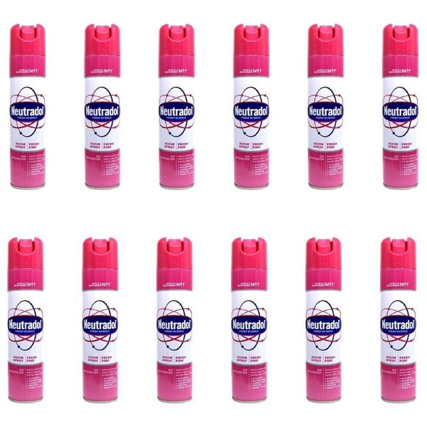 12PK Neutradol Aerosol Spray Air Freshener Odour Eliminator 300ml Fresh Pink