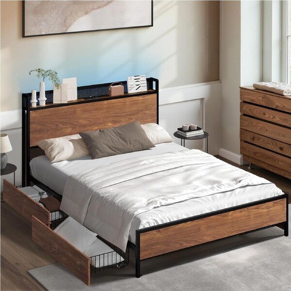 Oikiture Metal Bed Frame King Size with LED Headboard 4 Storage Drawers USB