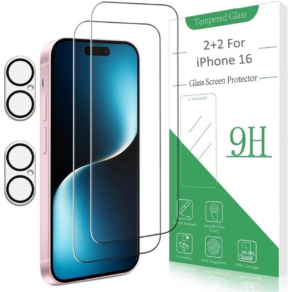 2-Pack Screen Protector for Apple iPhone 16 Tempered Glass With 2-Pack Camera Lens Protector For iPhone 16