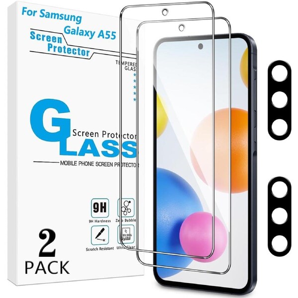 2-Pack Screen Protector for Samsung Galaxy A55 Tempered Glass With 2-Pack Camera Lens Protector For Samsung Galaxy A55