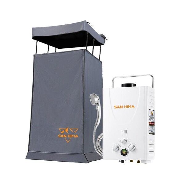 San Hima Camping Shower Tent Awning Fold-Out & 8L Portable Gas Hot Water Heater