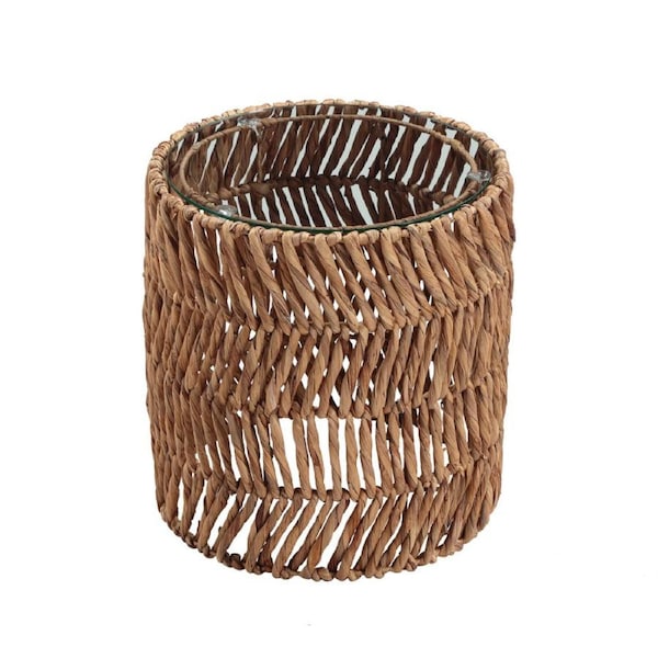 Design Square Karina Woven Round Tempered Glass Top Side End Lamp Table Natural