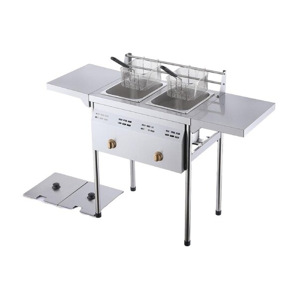 Commercial 20L Double LPG Gas Fryer - Stainless Steel, Adjustable Stand, Side Benches & Top Basket Rail