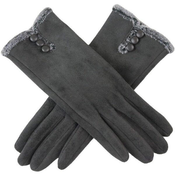 Wicked Sista Audrey Faux Fur & Buttons Trim Gloves Hand Warmer One Size Grey