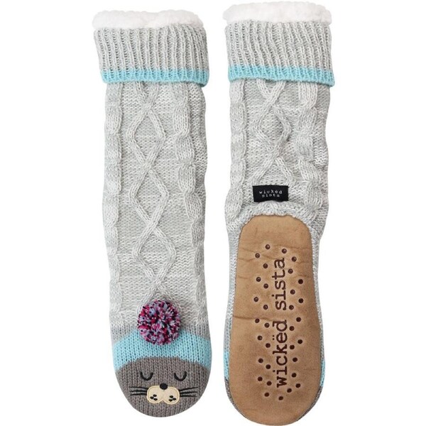 Wicked Sista Animal Slipper Socks Seal Non-Slip Indoor Footwear One Size Grey
