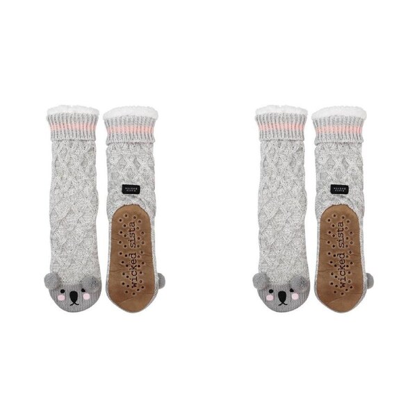 2PK Wicked Sista Slipper Socks Koala Non-Slip Indoor Footwear One Size Grey
