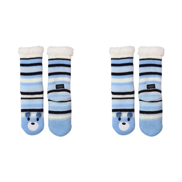 2PK Wicked Sista Animal Slipper Socks Bear Stripe Indoor Footwear One Size Blue
