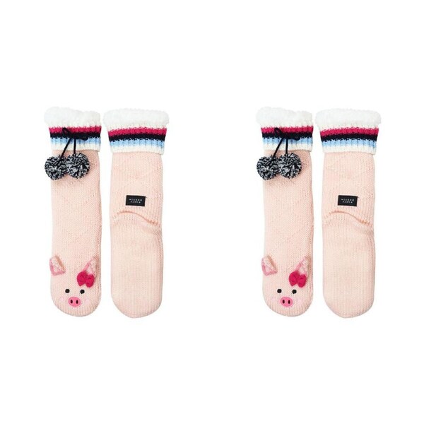 2PK Wicked Sista Animal Slipper Socks Pig Non-Slip Indoor Footwear One Size Pink