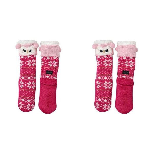 2PK Wicked Sista Animal Slipper Socks Owl Cuff Indoor Footwear One Size Pink