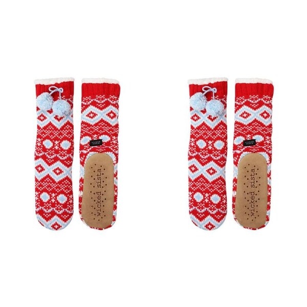 2PK Wicked Sista Slipper Socks Diamond Nordic w/ Pom Poms Non-Slip One Size Red