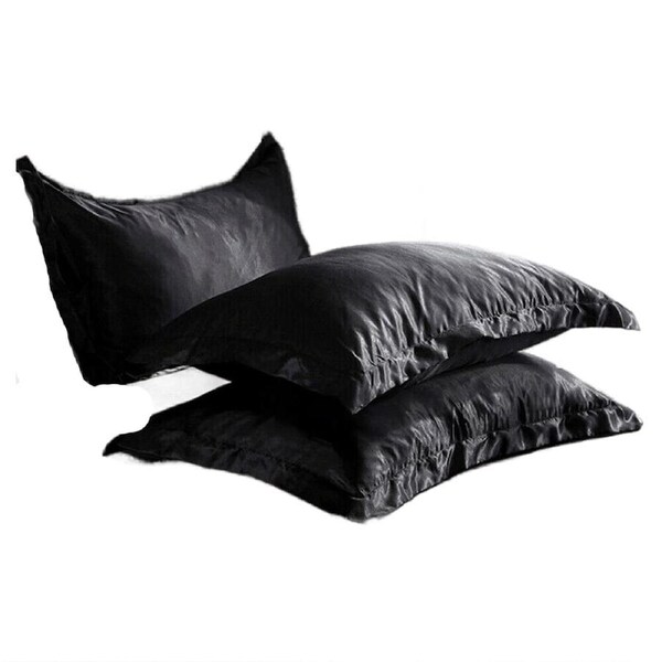 Silk Satin Pillow Case Cover Solid Standard Bedding Smooth Soft Pillowcase - 2pcs Black