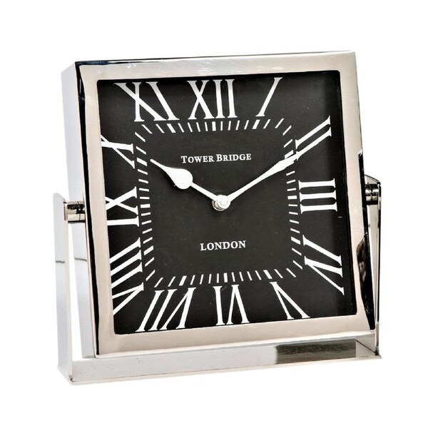SSH COLLECTION Tower Bridge 22. 5cm Tall Desk Clock with Square Black Face - Nickel