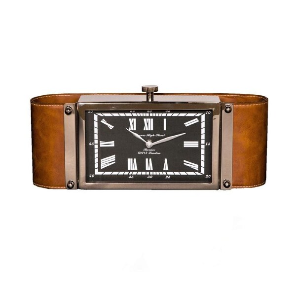 SSH COLLECTION Victor Desk Clock with Rectangular Black Face and Leather Band