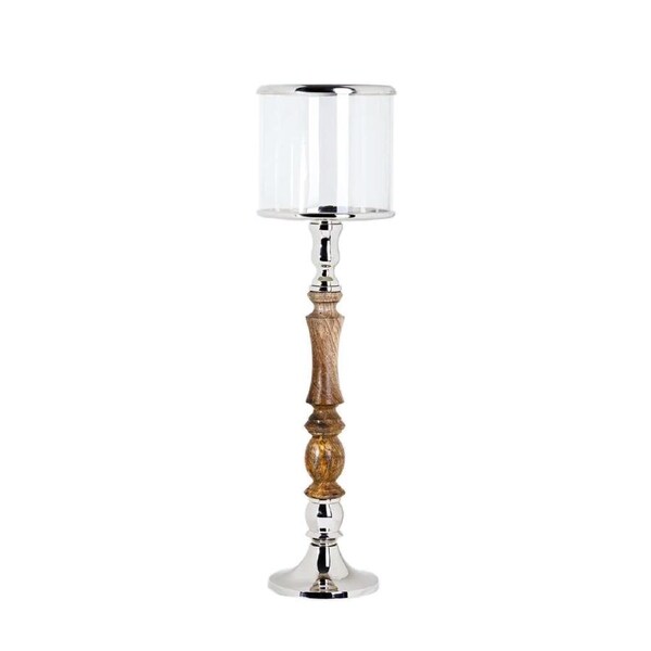 SSH COLLECTION Donna 84cm Tall Hurricane Lamp - Natural Timber and Polished Nickel