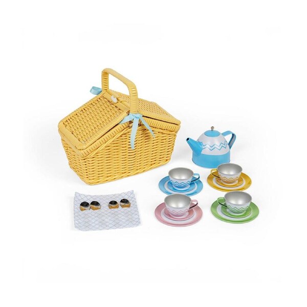 Bigjigs Toys Wood Picnic Set In Basket Kids Pretend Play Toys 23.5x20.5cm 3y+