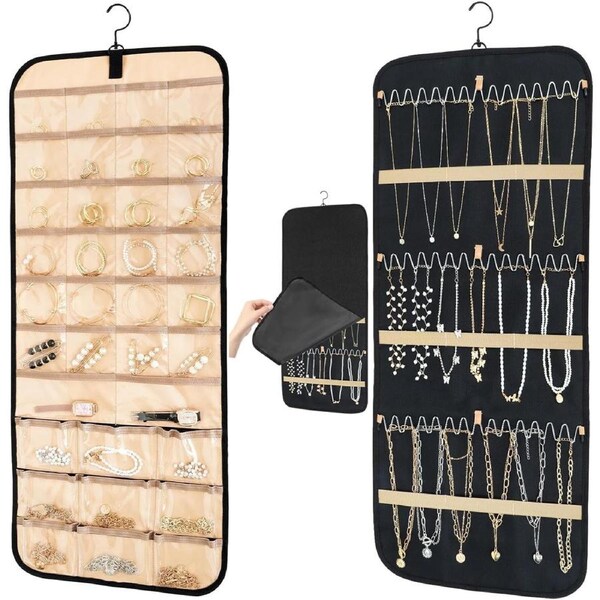 Double Sides Hanging Jewellery Organiser with 48 Clear Pockets,Jewellery Door Hanger Storage Holder for Earrings Necklaces Rings Bracelets on Closet Wall Door