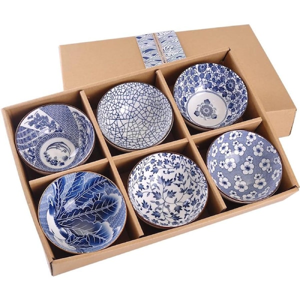 Blue and White Chinese Ceramic Rice Bowl 10 oz, Serving Bowls Dinnerware Bowls for Rice, Cereal, Noodle, Soup, Desserts(Set of 6)