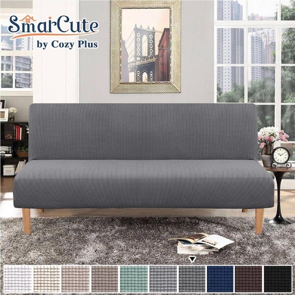 Futon Slipcover Armless Stretch Sofa Bed Protector Textured Small Check Jacquard Brown / FUTON