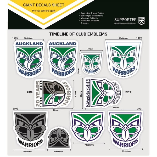 NRL Giant Decal Sheet - Newzealand Warriors - Timeline Of Club Logos - Stickers