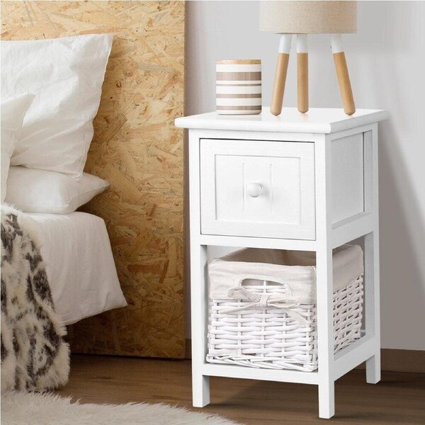 Bedside Table 1 Drawer with Basket Rustic White X2