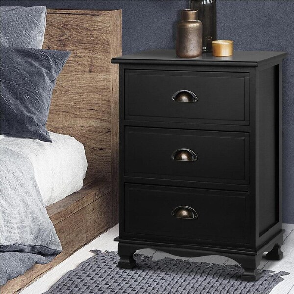 Bedside Table 3 Drawers Vintage - THYME Black