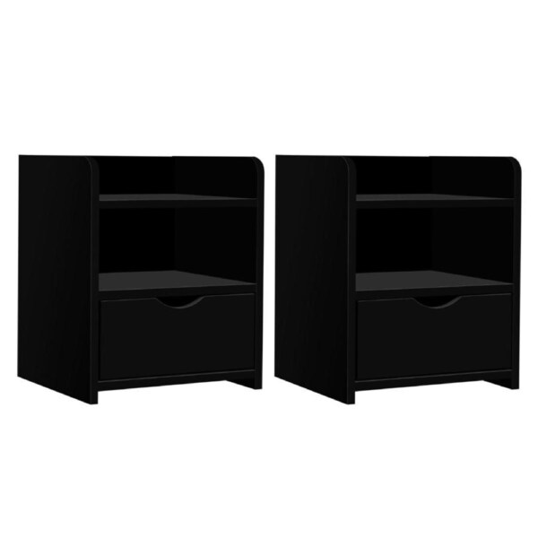 2X Bedside Table 1 Drawer with Shelf - FARA Black
