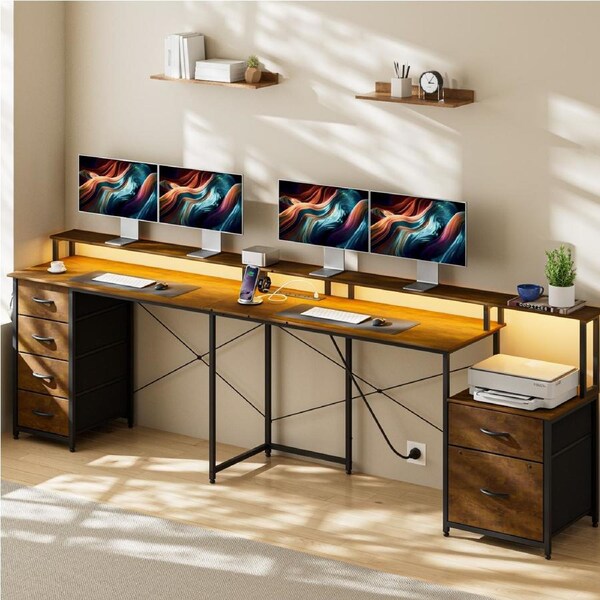 Advwin L Shaped Gaming Desk with LED Lights & Power Outlets Convertible Corner Computer Desk with Monitor Stand, Printer Storage Shelf and Drawers Walnut