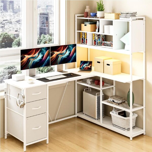 Advwin L Shaped Gaming Desk with LED Lights Reversible 148cm Computer Corner Desk with Storage Drawers and Bookshelf White