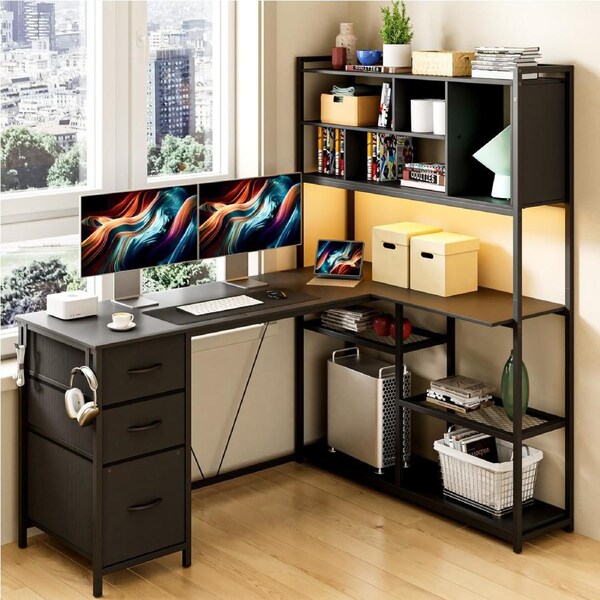 Advwin L Shaped Gaming Desk with LED Lights Reversible 148cm Computer Corner Desk with Storage Drawers and Bookshelf Black