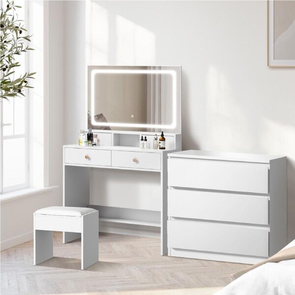 Oikiture Dressing Table Stool Set LED Makeup Mirror Vanity Desk 7 Drawers White