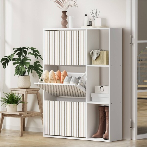 Oikiture Shoe Rack Storage Cabinet with Display Shelves Organiser White