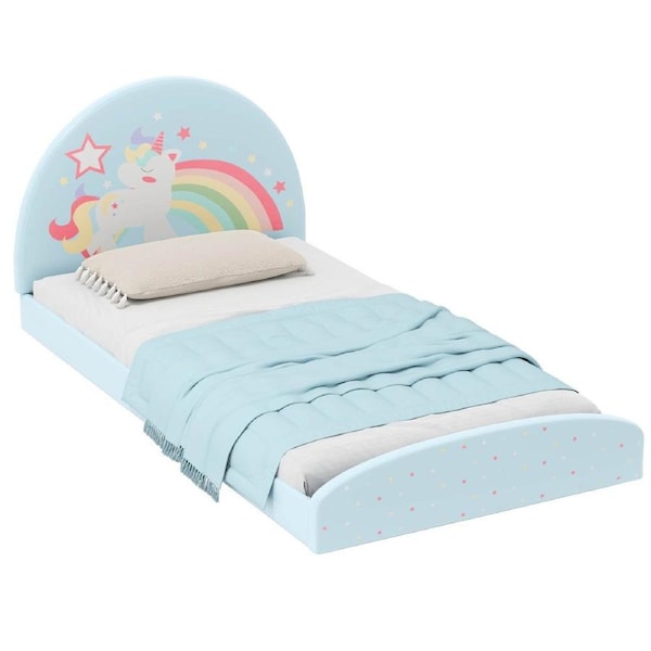 Costway Single Floor Bed Frame Single Size Floor Bed w/Unicorn Pattern Bedhead Blue