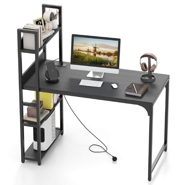 Costway 120 CM Computer Desk w/Power Strip Study Writing Desk PC Desk Workstation Black