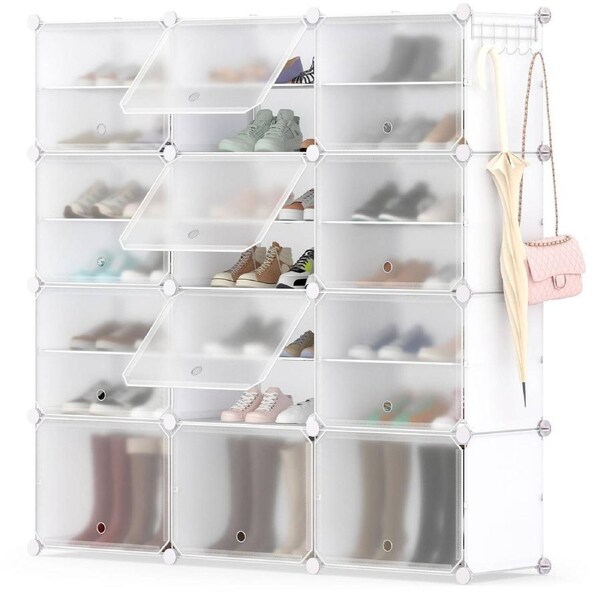 Giantex 12-Cube Portable Shoe Cabinet Storage Shelves w/Hanging Hooks DIY Shoe Tower Rack White