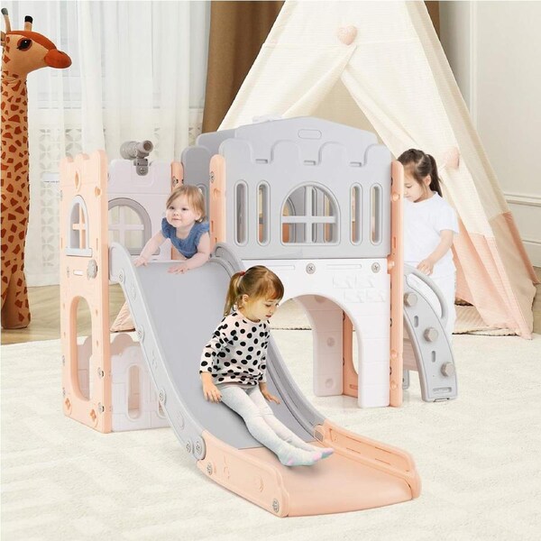 Babyjoy kids slide 9-in-1 Toddler Slide L-Shaped Kids Climber Playset w/Basketball Hoop Baby Indoor Playground Pink